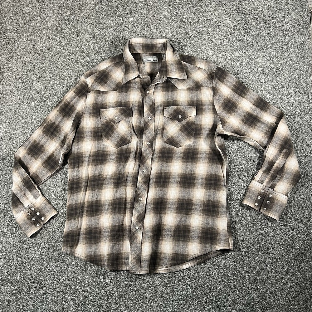 Wrangler Men’s Pearl Snap Plaid Western Button Shirt Brown Beige XL Cowboy
